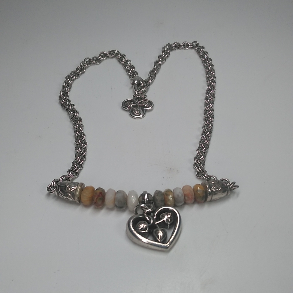 Brighton Floral Heart Necklace Agate Silver Length 18" Adjustable